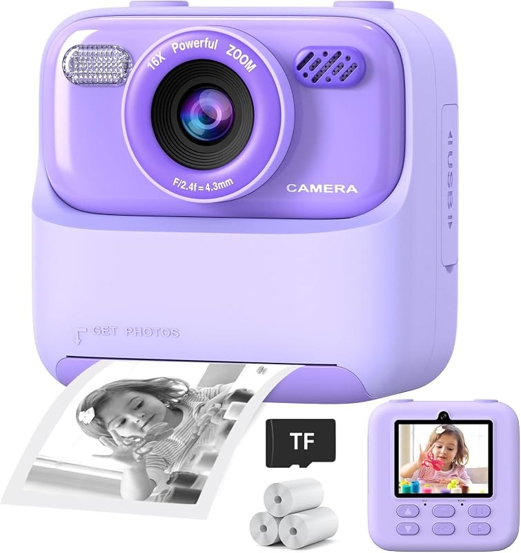 Kids Instant Digital Cameras for Boys and Girls, 1080P HD Dual-Lens Selfie Digital Camera with Print Paper & TF Card