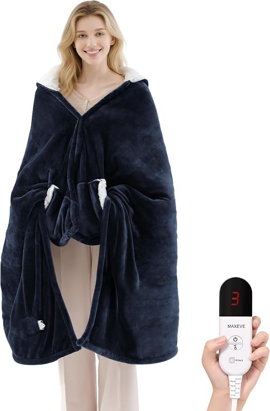 Heated Blanket Wearable Electric Blanket with Hood and Pockets, Heating Throw Blanket, Electric Heated Wrap Shawl with