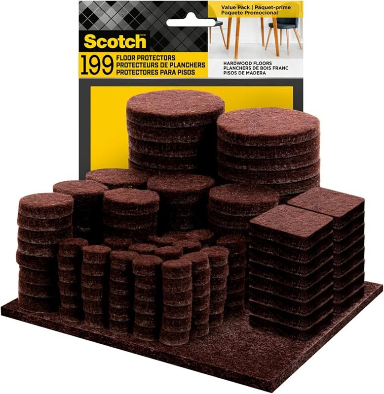 Scotch Felt Pads 199 PCS Brown, Felt Furniture Pads for Protecting Hardwood Floors, Round, Assorted Sizes Value Pack