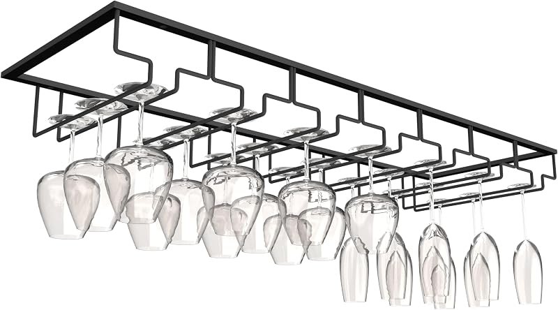 7-Row Stemware Rack - Under Cabinet Wine Glass Holder - Black Metal Hanging Shelf for Kitchen and Bar - Holds Up to 22