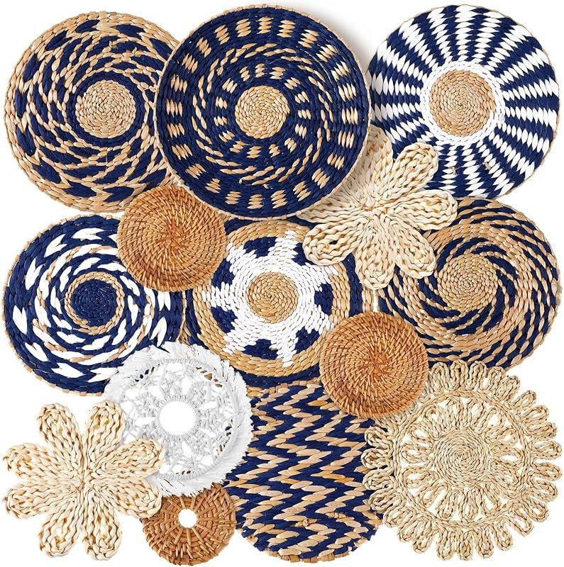 Xuhal 15 Pcs Boho Wall Basket Decor Handcrafted Seagrass Woven Wall Basket Rustic Round Woven Hanging Art for Home