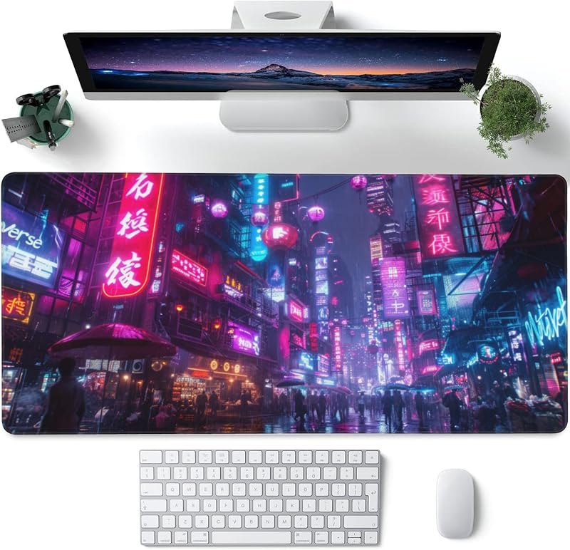 Desk Mat,Cyberpunk Neon City Large Gaming Mouse Pad for Desk XXL,Futuristic Night Street Desk Pad,Extended Big