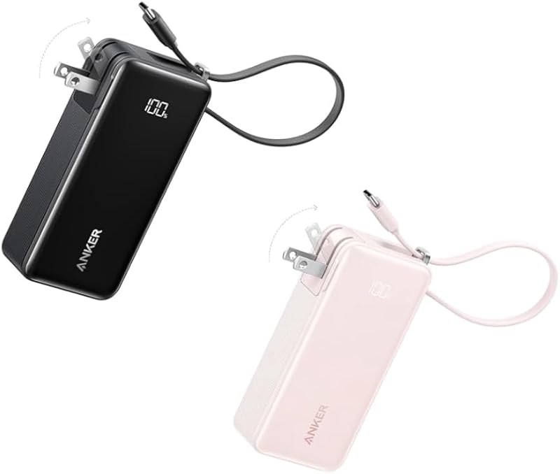 3-in-1 Power Bank USB C Charger Block, 10,000mAh Portable Charger with Built-in USB-C Cable and Foldable AC Plug, 30W