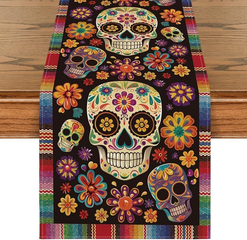 Artoid Mode Flowers Sugar Skull Mexican Day of The Dead Table Runner, Dia De Los Muertos Kitchen Dining Table
