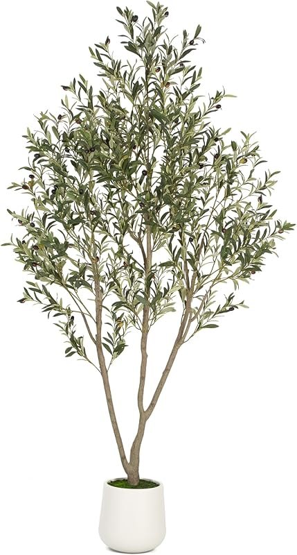 VIVATREES Olive Trees Artificial Indoor, 7FT Tall Faux Olive Tree with White Tall Planter, Artificial Plants with
