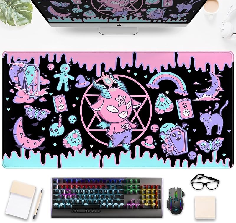 Cute Pastel Goth Desk Mat Kawaii Japanese XXL Extra Large Extended Desk Pad Gaming Mouse Pad, Anime Computer Laptop