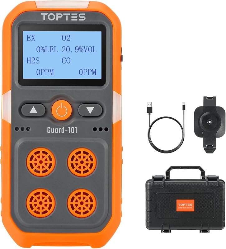 TopTes Guard-101 Gas Detector, 4 Gas Monitor for H2S, CO, LEL and O2, with Vibration, Visual and Audible Alarms, 14h