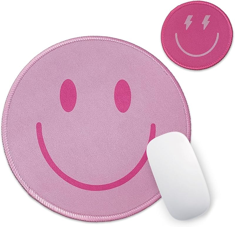 Small Round Travel Mouse Pad Cute Funny Mousepad Preppy Smile Face Mousepads with Coaster Non-Slip Rubber Base