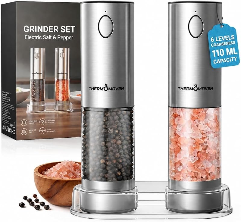 ThermoMaven Upgraded Larger Capacity Electric Salt and Pepper Grinder Set, 110ml Rechargeable Salt and Pepper Shaker