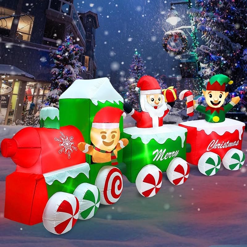 Extra Long 12 Ft Christmas Inflatables Train with Santa Claus Gingerbread Man Elf Blow Up Inflatable Outdoor Christmas