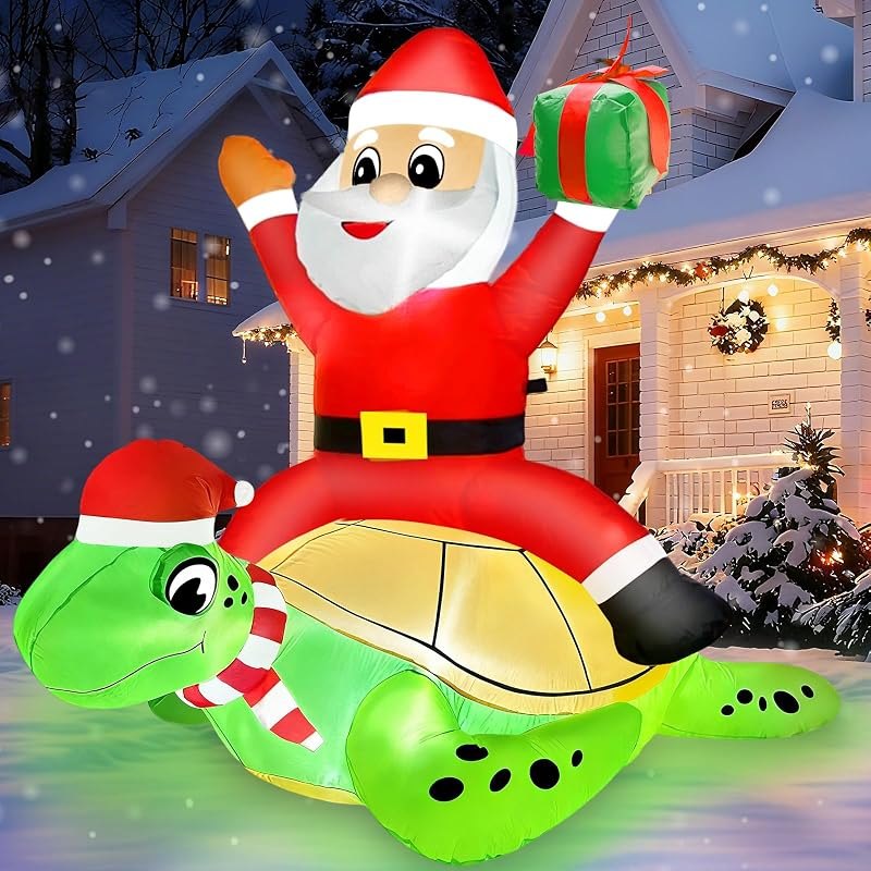 AMENON 5 FT By 4 FT Christmas Inflatables Santa Claus Ride on Sea Turtle Christmas Blow Up Yard Decorations Christmas