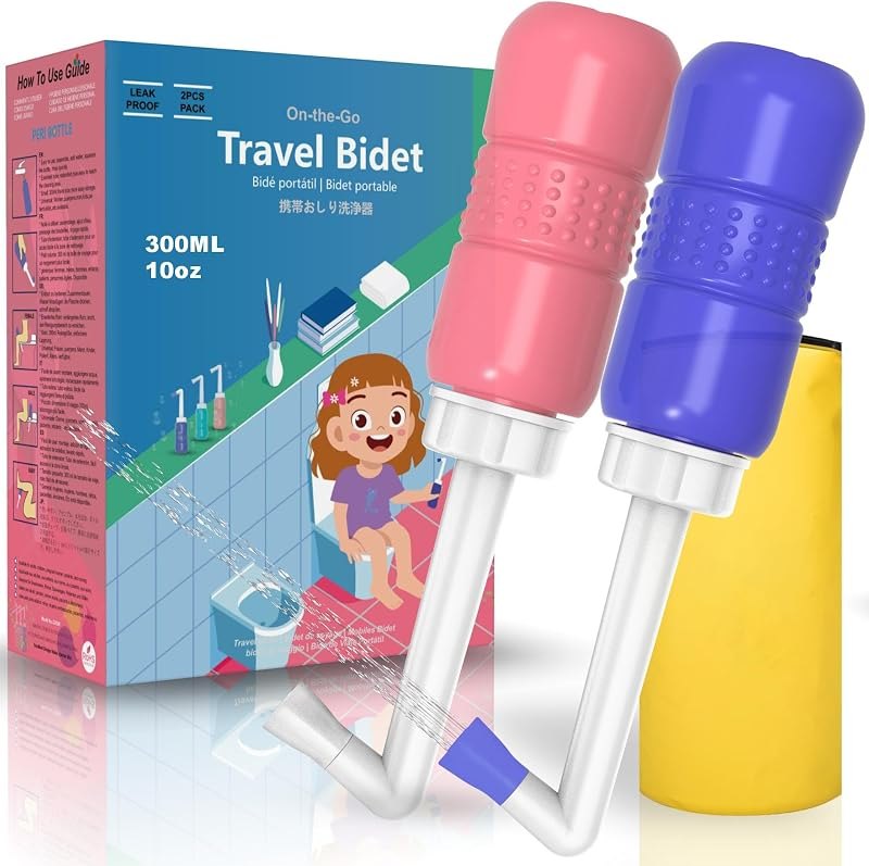 2 Pack 300ML Portable Bidet, Blue & Pink Handheld Travel Bidet Sprayer, Leak-Proof Upside-Down Squeeze Design for