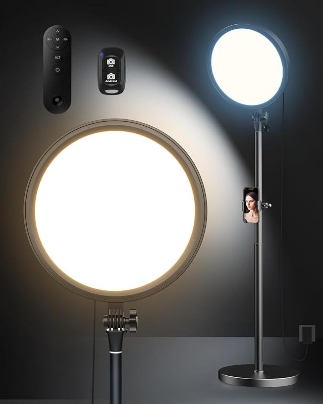 Aureday 12” Ring Light with Stand and Phone Holder, 79” Tall LED Circle Light with Weighted Base & Remote, Dimmable