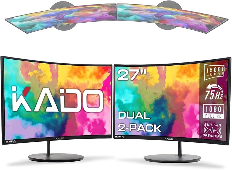 Kado Dual Monitor 2-Pack 27" Curved 1500R 1920x1080 75Hz Computer Monitor — Curved Gaming Monitor for curved gaming