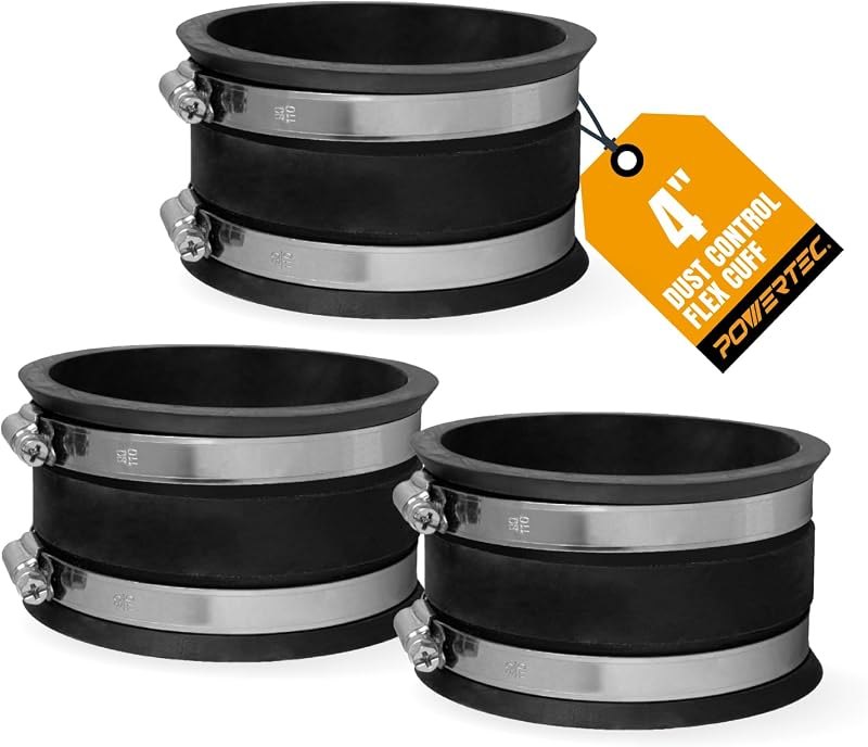 POWERTEC 70149-P3V 4 Inch Dust Control Flex Cuff with Steel Hose Clamps, Hose Connector Rubber Cuff Coupler for