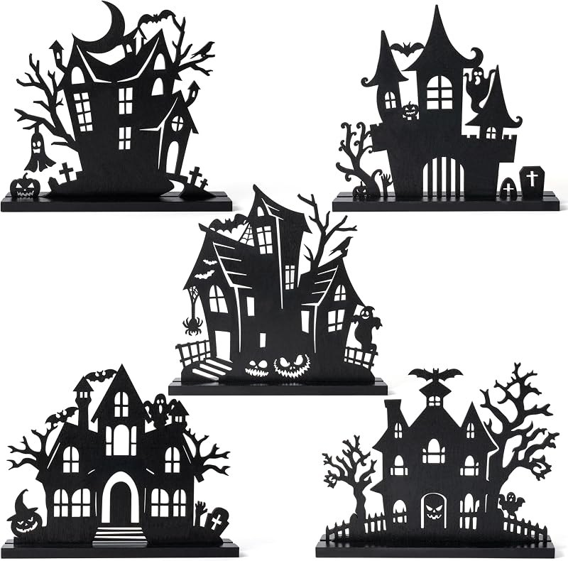 WATINC Halloween Wooden Centerpiece Decorations - 5Pcs Silhouette Haunted House Wood Tabletop Decor, Black Sketch
