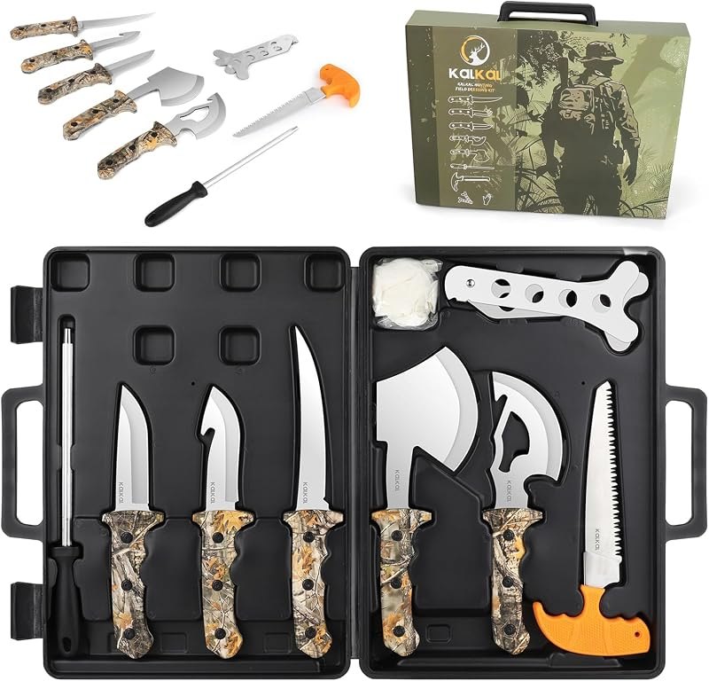Kalkal 8 Pieces Hunting Knives Sharp Hunting Knife Set, Full Tang Handle Field Dressing Kit for Deer Hunting Season