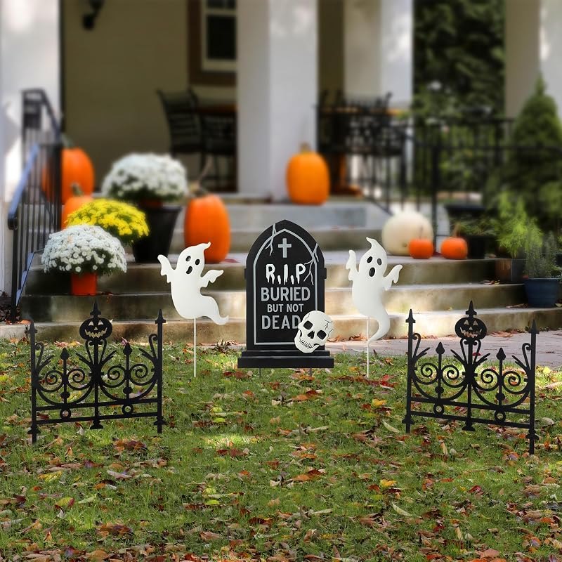 Glitzhome 24"H Set of 5 Halloween Metal Graveyard Tombstones Yard Stakes, Ghost Scary Yard Signs for Outside Lawn