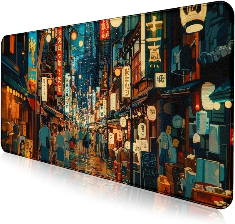 Cute Japanese Street Keyboard Desk Mat, Tokyo Night View Computer Mouse Mat — Cyberpunk Aesthetic Desk Mat for
