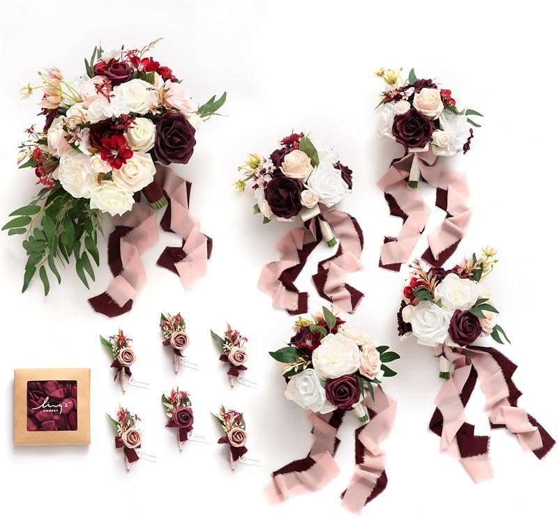 Ling's moment Wedding Artificial Flowers Package, Burgundy Blush — best red silk rose bouquet for red silk rose bouquet