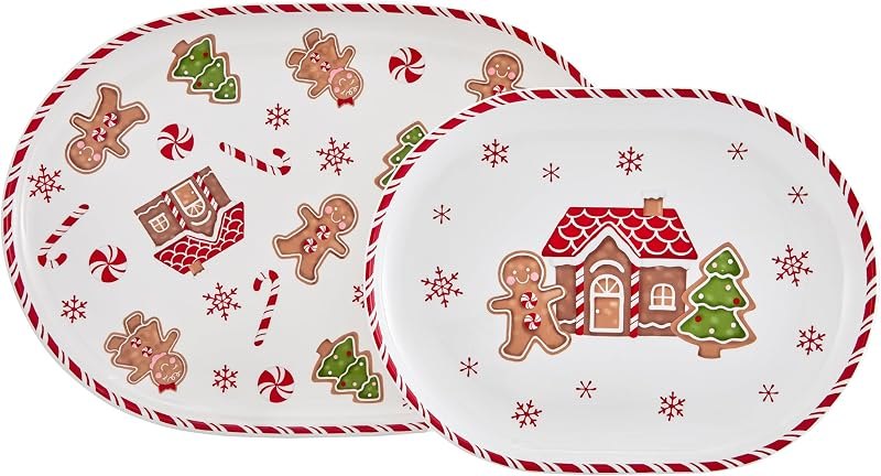 Bico Traditional Christmas Gingerbread Man Ceramic 16 inch plus 12 inch Ceramic Oval Platter, Set of 2, for Serving