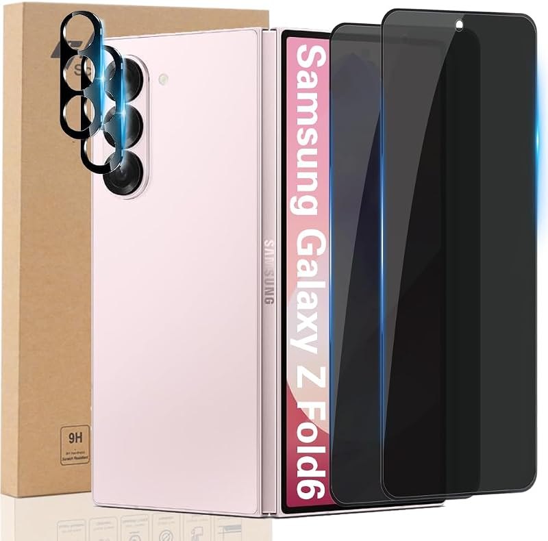 Privacy Screen Protector for Samsung Galaxy Z Fold 6, 2X Anti Spy Front/Back Tempered Glass Saver Film+ 2X Camera Lens