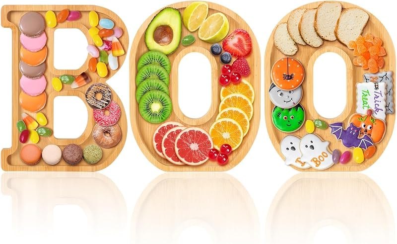 Halloween Boo Letter Bamboo Serving Tray Set, 3 Pcs Wooden Candy Snack Charcuterie Board, Spooky Party Food Display
