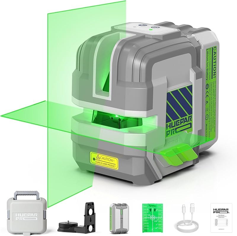 Huepar Pro Laser Level Rechargeable, Self Leveling Green Cross Line Laser Level Tool with Outdoor Pulse Mode, Compact
