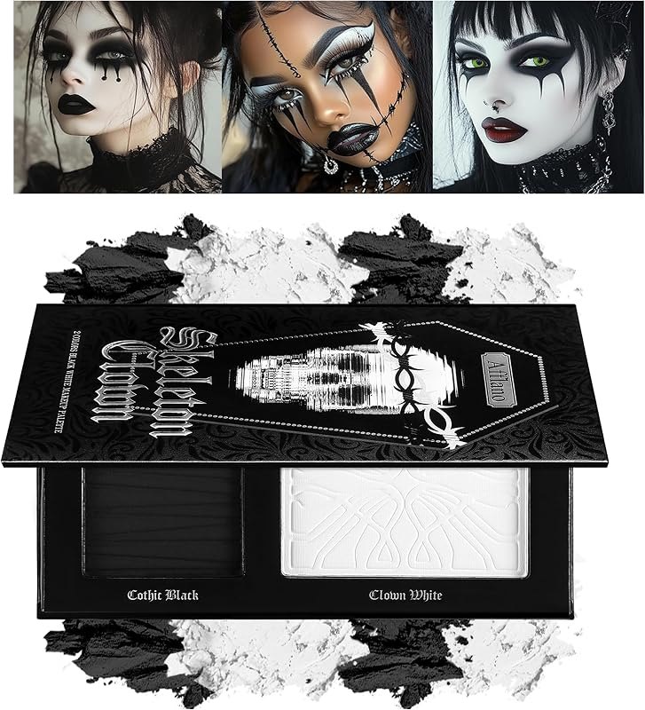 Black White Makeup Palette, White Pressed Setting Powder Goth Halloween Black Gothic Foundation & EyeShadow Kit, Matte