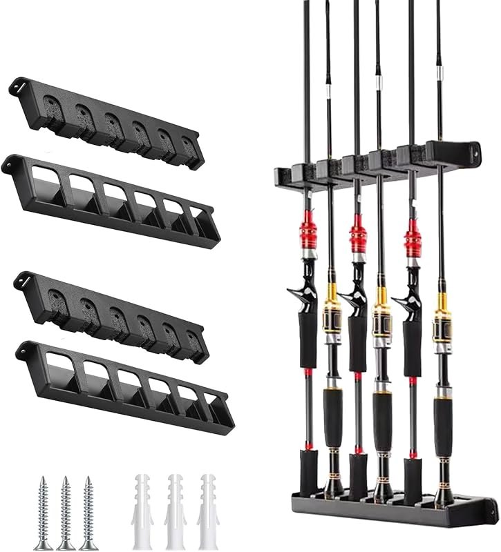 2 Packs Fishing Rod Holder for Garage Vertical Wall-Mounted Stores 12 Rods or Combos Fits Most Rod Diameters (Vertical