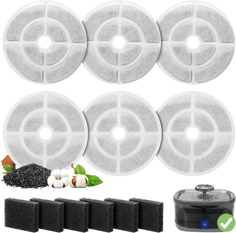 6 Pack Replacement Filters for 2.5Gal/9.5L Dog Water Fountain, GISOFIK 18CM Larger Cat Water Fountain Filters, Coconut