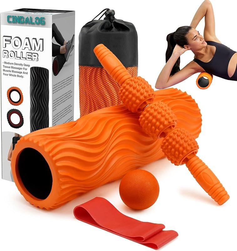 5 in 1 Foam Roller Set - Trigger Point Foam Back Roller, Muscle Roller Stick, Massage Ball, Stretching Band for Deep