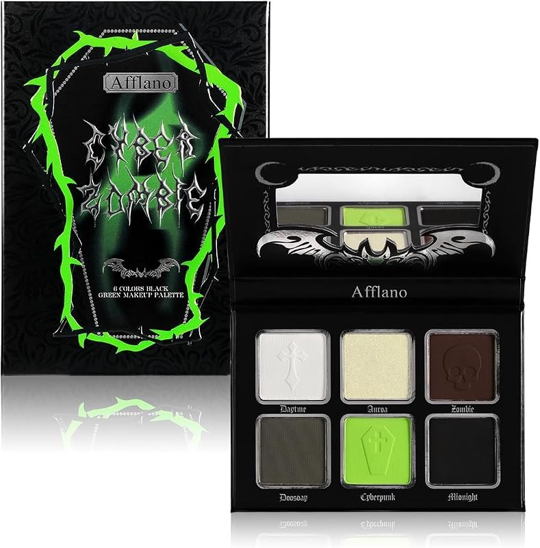 Afflano Smokey Green Eyeshadow Palette, Cyber Goth Smoky Eyes Makeup Eyeshadow Pallet With Mirror, Neon green Brown