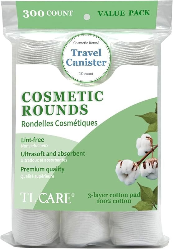 TL Care Cotton Rounds (300 Count) with Travel Canister - Lint-Free, Ultra Soft & Absorbent 3-Layer Cotton Pads for