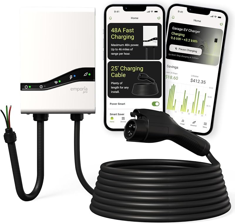 EMPORIA Pro Level 2 EV Charger with PowerSmart - 48 amp Fast EV Charger for Home with Hardwire and J1772 Connector -