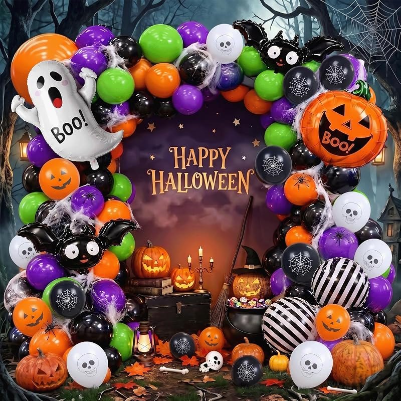 Halloween Decorations with Orange Black Green Purple Balloon Garland Arch & Spider web Bat Ghost Pumpkin Stripes foil