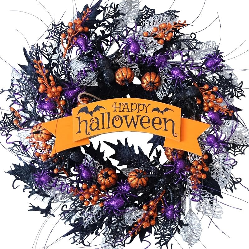 22 Inch Halloween Glitter Pumpkin Spider Wreath for Front Door — halloween door wreath for halloween door wreath