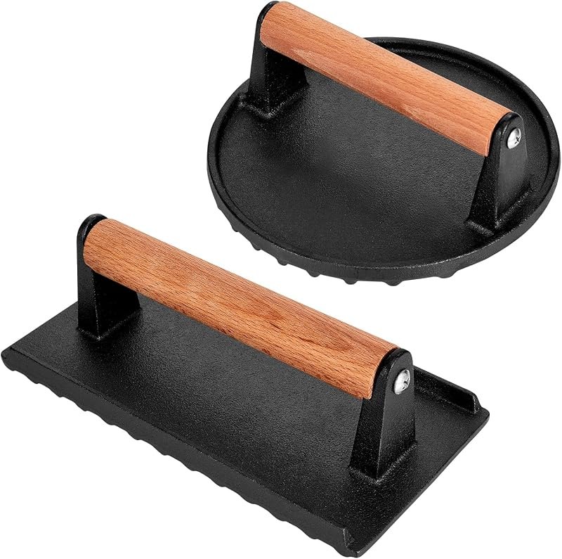 Blackstone Burger Press Set - 7" Round Smash Burger Press & 8"x4" Rectangle Cast Iron Grill Press with Wooden Handle -