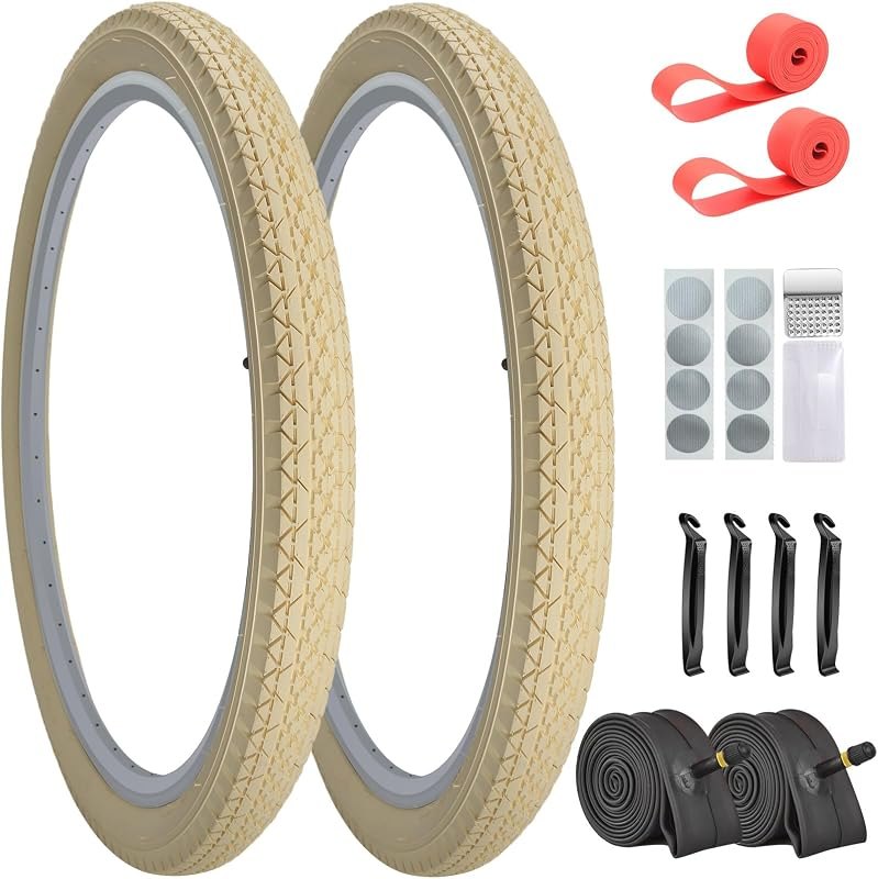 2 Pack 24"x2.125" 26"x2.125" 26"x2.35" Cream Cruiser Beach Bike Tires and Tubes with 2 Rim Strips Glueless Patches Kit