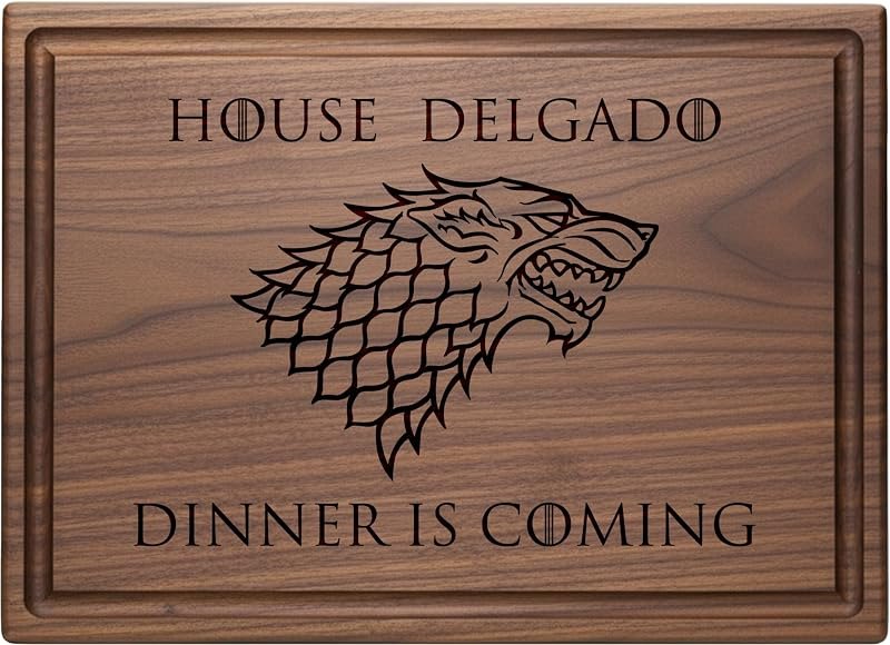 Personalized Direwolf Crest Cutting Board, Custom Engraved with Family Name, Straga Handmade Wood Charcuterie