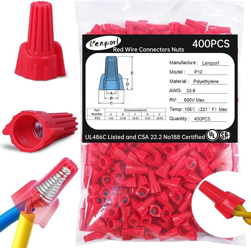 Lenporl 400PCS Red Wire Nuts Connectors P12 Twist Wire Caps Electrical Wire Connectors, Winged Springs Screw Terminals