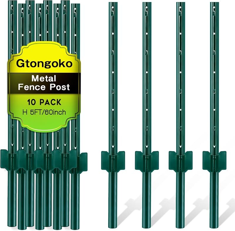 Gtongoko 10 Pack 5FT Heavy Duty Metal Fence Posts, Green U Channel No Dig Fence Stakes with Anchor Plate, Steel Posts