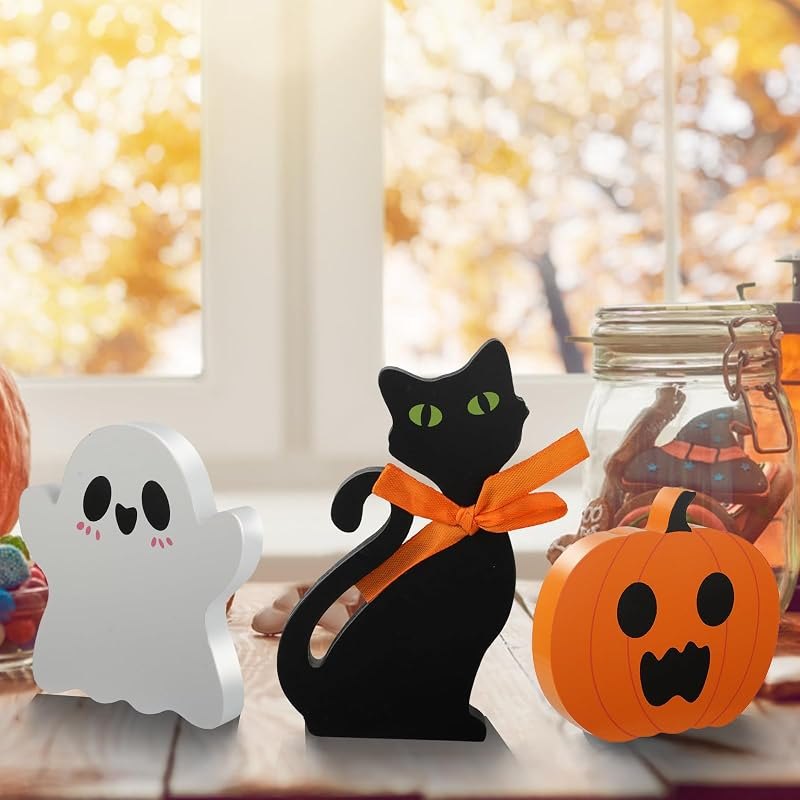 3 Pcs Halloween Decorations Indoor, Cute Ghost Halloween Decor Table Signs, Black Cat, Pumpkin Sign, Wooden Tiered