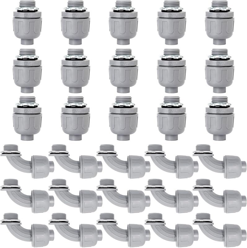 30 Pack 1/2 Inch Liquid Tight Connectors - PVC Electrical Conduit Fittings, Straight, 90 and 180 Degree Non-Metallic