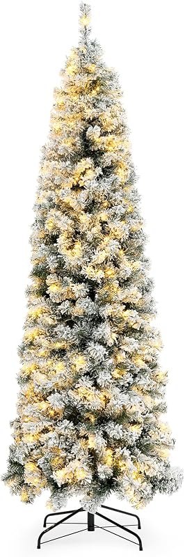 Okicoler Pre-Lit Snow Flocked Artificial Holiday Pencil Slim Christmas Tree with Warm Lights and Metal Base Stand for