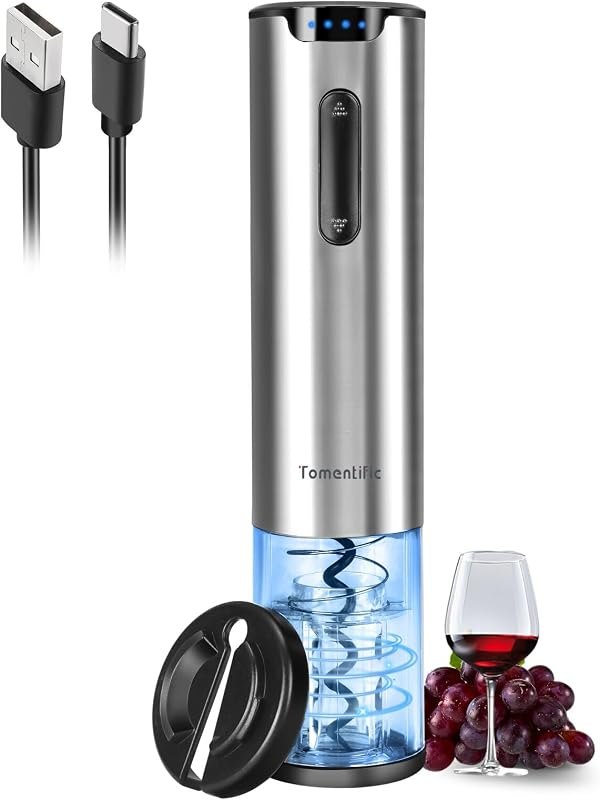 Electric Wine Opener Tomentific, Rechargeable Automatic Wine Corkscrew Bottle Opener With Foil Cutter, Type-C Charging