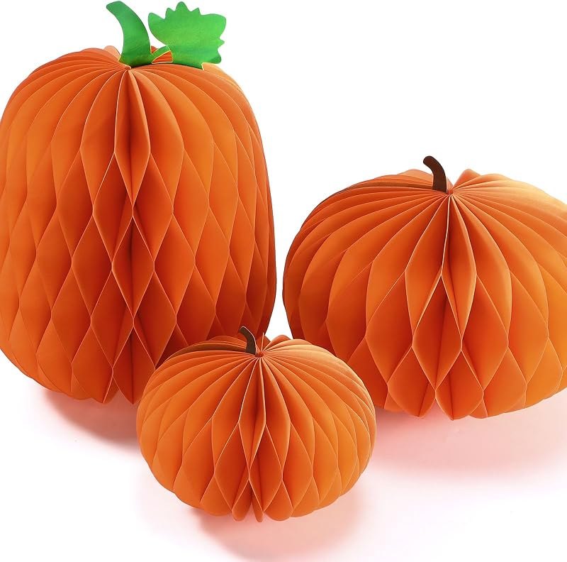 Cinnvoice 3 Pcs Halloween Fall Pumpkin Honeycomb Decor, Larger, Leaf — best Thanksgiving Table Decor for thanksgiving