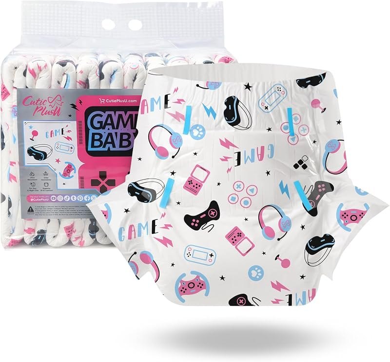 CutiePlusU Adult Diapers 10 Pieces, Game Baby Disposable Incontinence Briefs with Tabs for Women and Men, Maximum