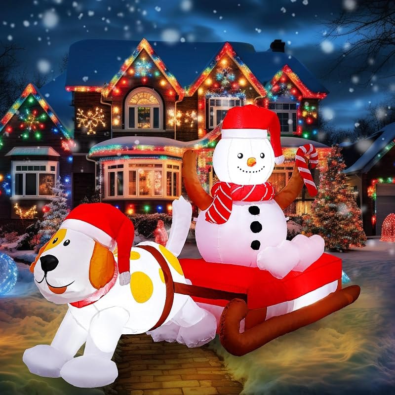 Realspring 8 Ft Christmas Inflatables Decoration Snowman on Sleigh with Dog, Giant Inflatable Outdoor Christmas