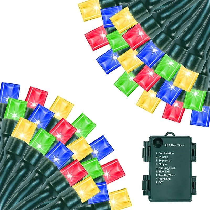 Battery Operated Christmas Lights, 33 FT 100 LED Mini String Lights with Timer and 8 Modes, Green Wire Outdoor